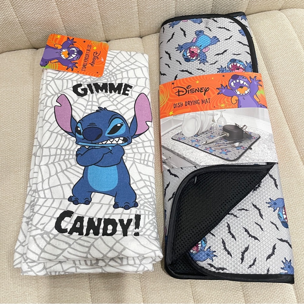 Disney Stitch‎ Halloween Kitchen Set 2 Towels & Dish Drying Mat Gimme Candy Bats